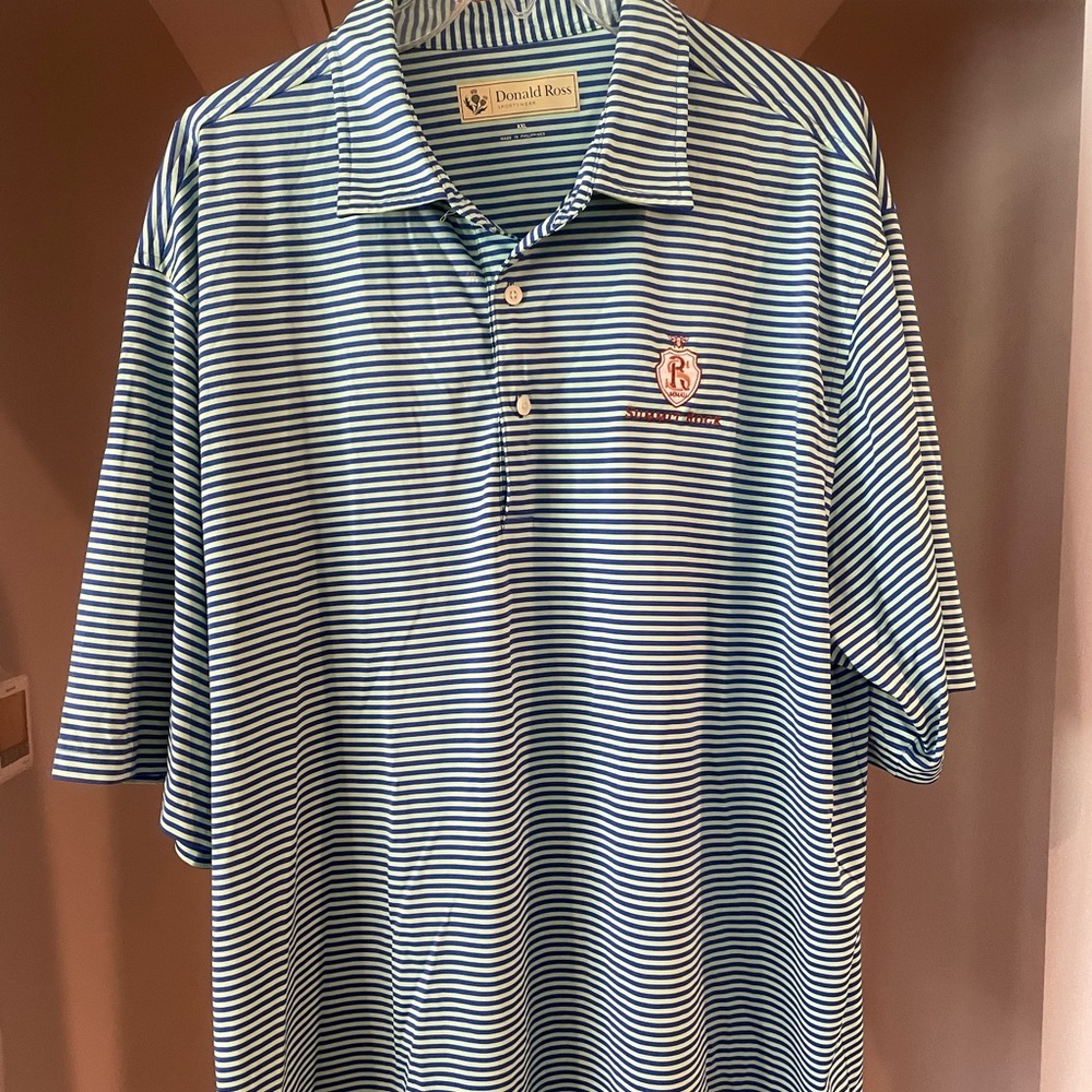 EUC Donald Ross blue and green striped polo, XXL